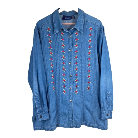 VTG 90s Embroidered Denim Shirt 20W Floral Cottage Granny Boho Retro Button Down - Picture 9 of 9